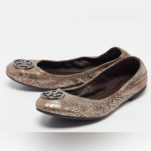 TORY BURCH Minnie Reva Flat Metallic Silver Heidi Ballet Logo Leather‎ Shoe 8.5